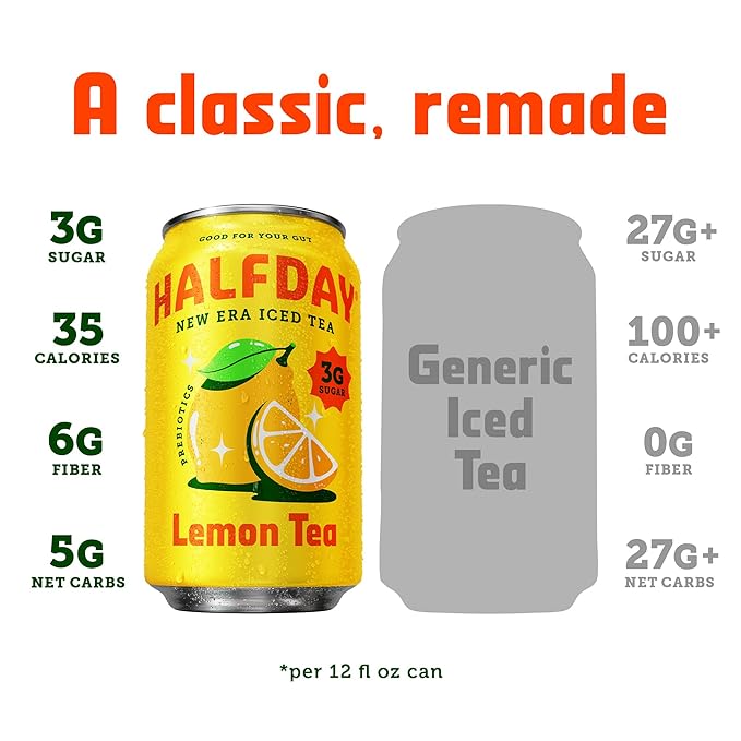 Halfday, Prebiotic Lemon Iced Tea, 12 Fl Oz Can