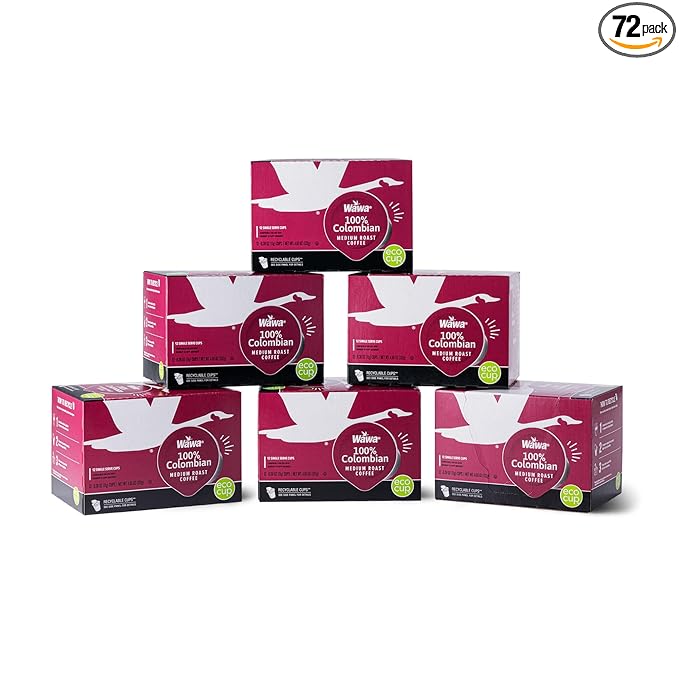 Wawa Colombian Medium Roast Single Cup Coffee Pods, 72 Pods, 6 Boxes, Medium Bodied Blend