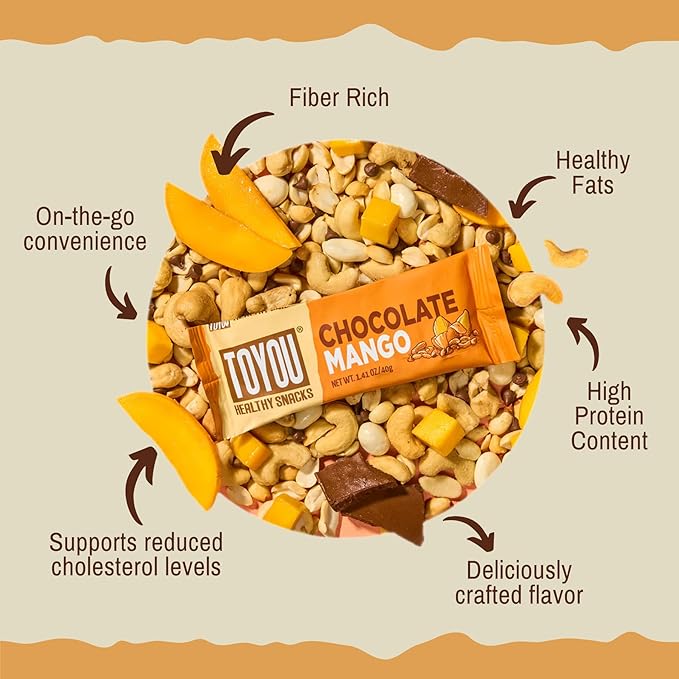 ToYou Chewy Fruit and Nut Bars - Healthy Protein Snacks | Chocolate Mango - 1.41 Ounce (Pack of 12)