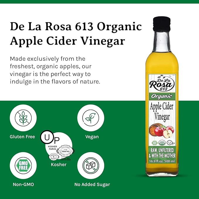 De La Rosa Organic Apple Cider Vinegar, Raw & Unfiltered, Kosher for Passover, Vegan & Gluten Free