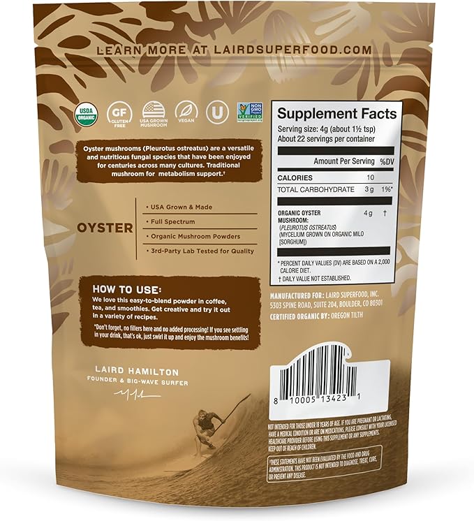 Laird Superfood Organic Oyster Mushroom Powder for Immune and Digestive Support, 3.17 oz. Bag, Pack