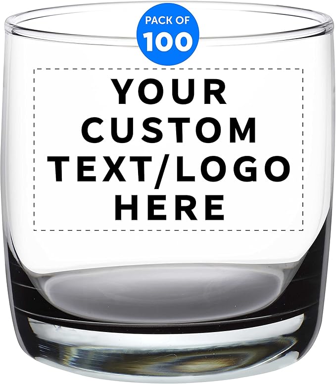 DISCOUNT PROMOS Custom Whiskey Glasses 10 oz Set of 100, Personalized Bulk Pack - Heavy Base Old