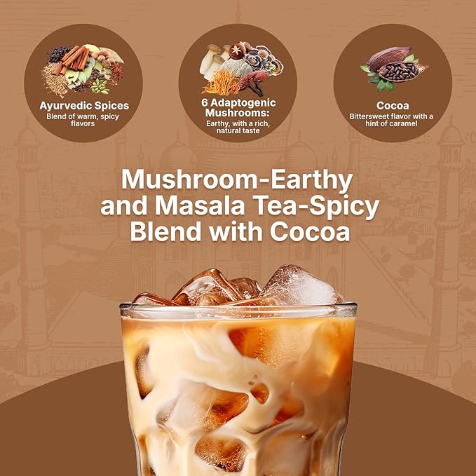 Veltracha Mushroom Chai Tea, Instant Chai Tea Powder with 6 Adaptogenic Mushrooms, Spiced Chai