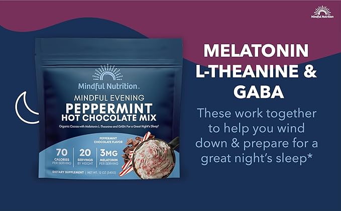 Mindful Evening Peppermint Cocoa Mix Natural Sleep Aid, Melatonin 3mg, L-Theanine, GABA