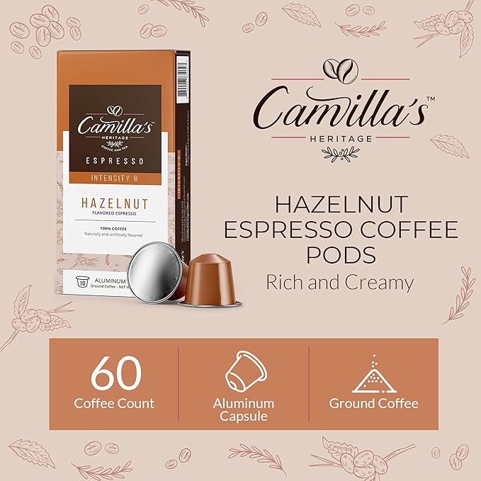 Camilla’s Heritage - Intensity 8 Hazelnut Flavored Espresso Coffee, Gourmet Espresso Cups, 60