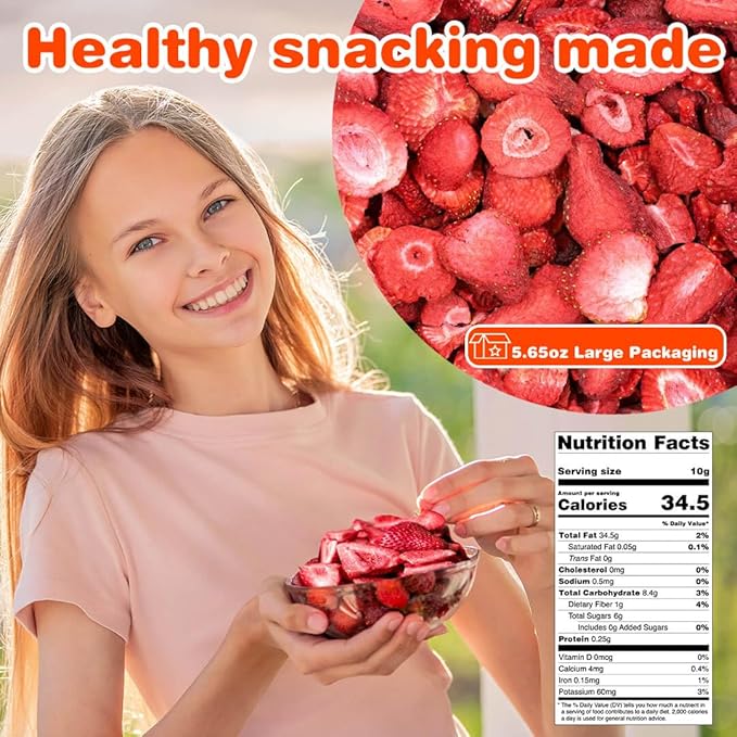 Freeze-Dried Strawberry Slices 5.6oz Jar - 100% Natural Crispy Strawberry Fruit Snack, Vegan