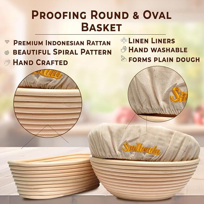 Set of 2 Banneton Bread Proofing Basket with linen Liner, 9" Round & 10" Oval bread basket with 9
