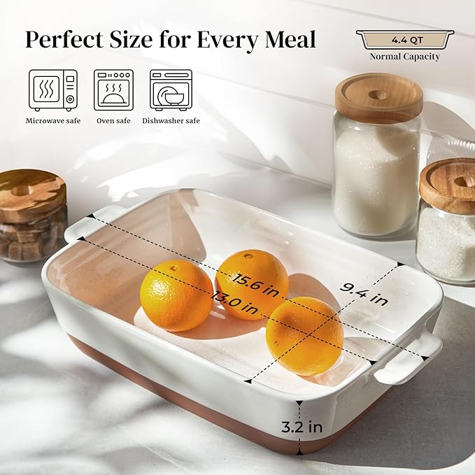 DOWAN Ceramic Casserole Dish for Oven, 9x13 Deep Lasagna Pan, Large Baking Dish with Handles, 4.3