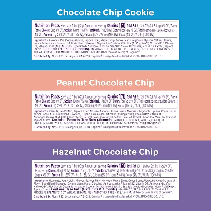 MOSH Variety Pack Vegan Protein Bars, Plant Based, Keto, Gluten Free, Brain Healthy Snack with