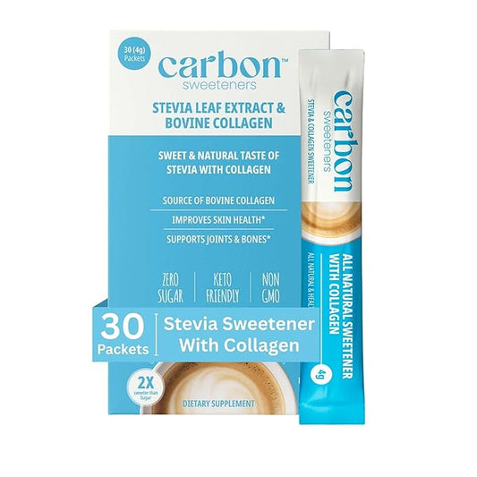 Carbon Sweeteners Stevia Powder Sweetener Packets with Collagen - Promotes Healthy Joints, Bones