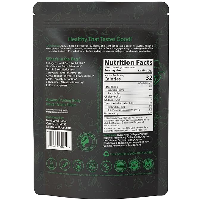 Destress Boost Organic Mushroom Instant Coffee - 135g, 15 Servings Pouch - Healthy Coffee