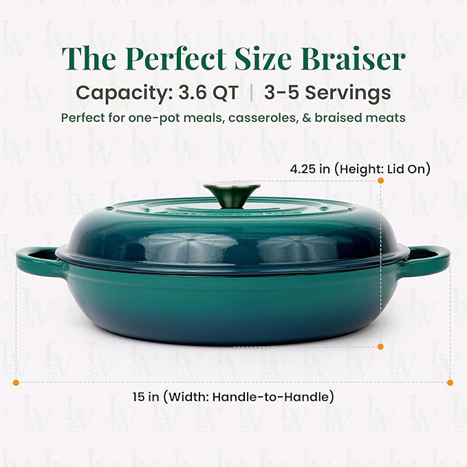 Larder & Vine Enameled Cast Iron Braiser | 3.6 qt Braiser Pan with Lid | Shallow Dutch Oven
