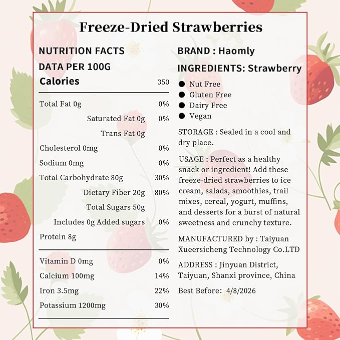Haomly Freeze Dried Strawberries, 8.8oz/250g, 100% Natural Strawberry Chips,Dried Strawberries Bulk