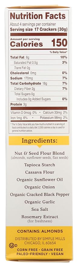 Simple Mills Almond Flour Crackers, Black Cracked Pepper, Gluten Free, Flax Seed, Sunflower Seeds