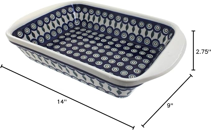 Blue Rose Polish Pottery - Blue Peacock Large Rectangular Baker with Handles - 9" x 6.5" - Unique