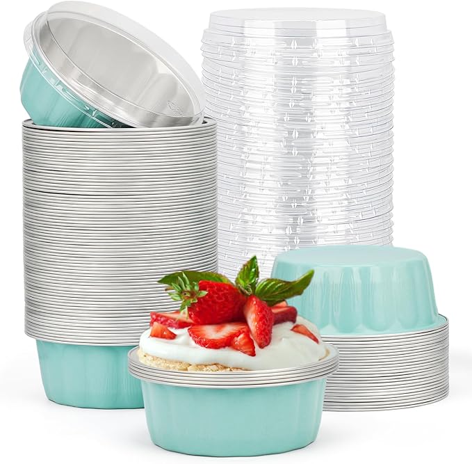 Beasea Disposable Ramekins 8oz, 100 Pack Aluminum Foil Cups with Lids Lake Blue, Disposable Creme