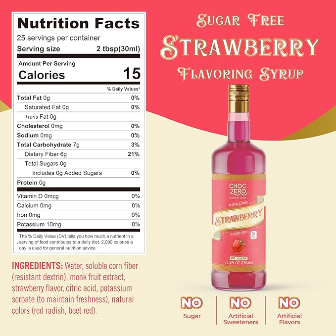 ChocZero Flavoring Syrup, Strawberry Flavor, Sugar Free Syrup for Drinks, Keto Friendly, 25.4 Fluid