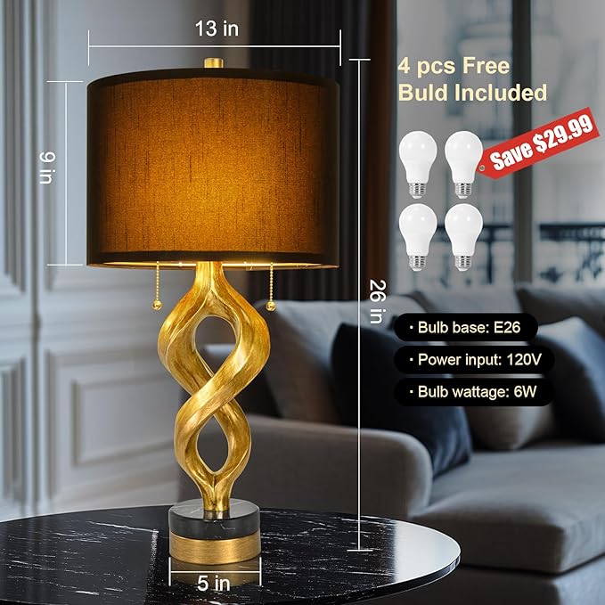 Sculptural Table Lamp Set of 2 for Bedroom, 26” Gold Leaf Farmhouse Bedside Lamps for Living Room