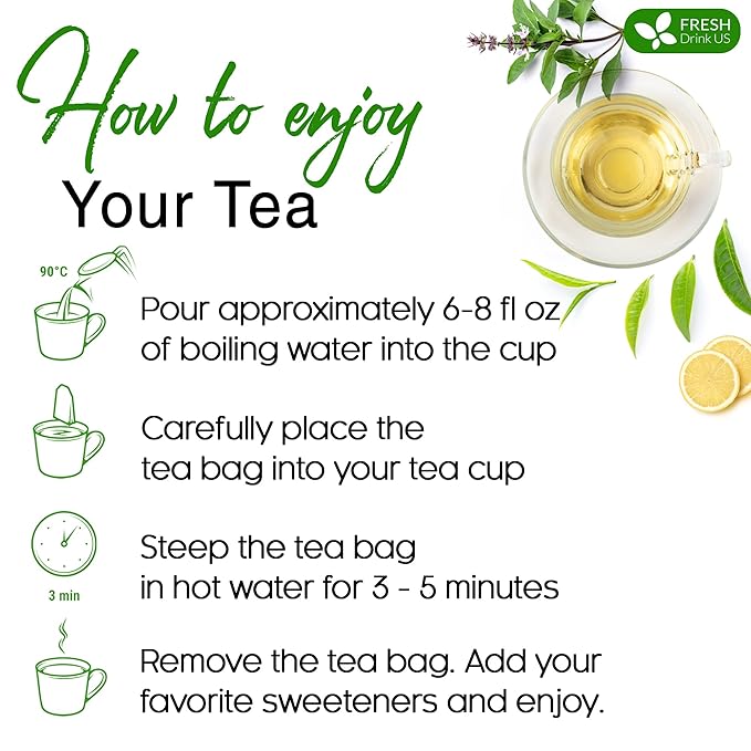 FreshDrinkUS, Premium 55 Tulsi Green Tea Bags, 100% Natural, Blend of Tulsi Holy Basil Leaves, and