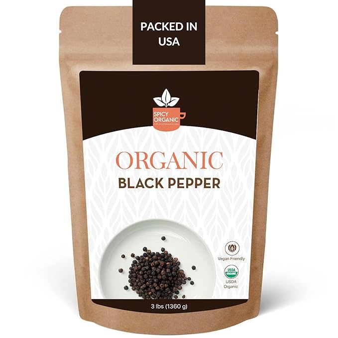 SPICY ORGANIC Whole Black Pepper - 3 lb. - Fresh and Aromatic Peppercorns, Perfect for Grinder