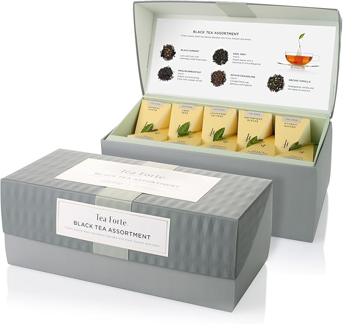 Tea Forte Assorted Black Tea Presentation Box Tea Gift Set Sampler, 20 Count, 2 of Each Variety