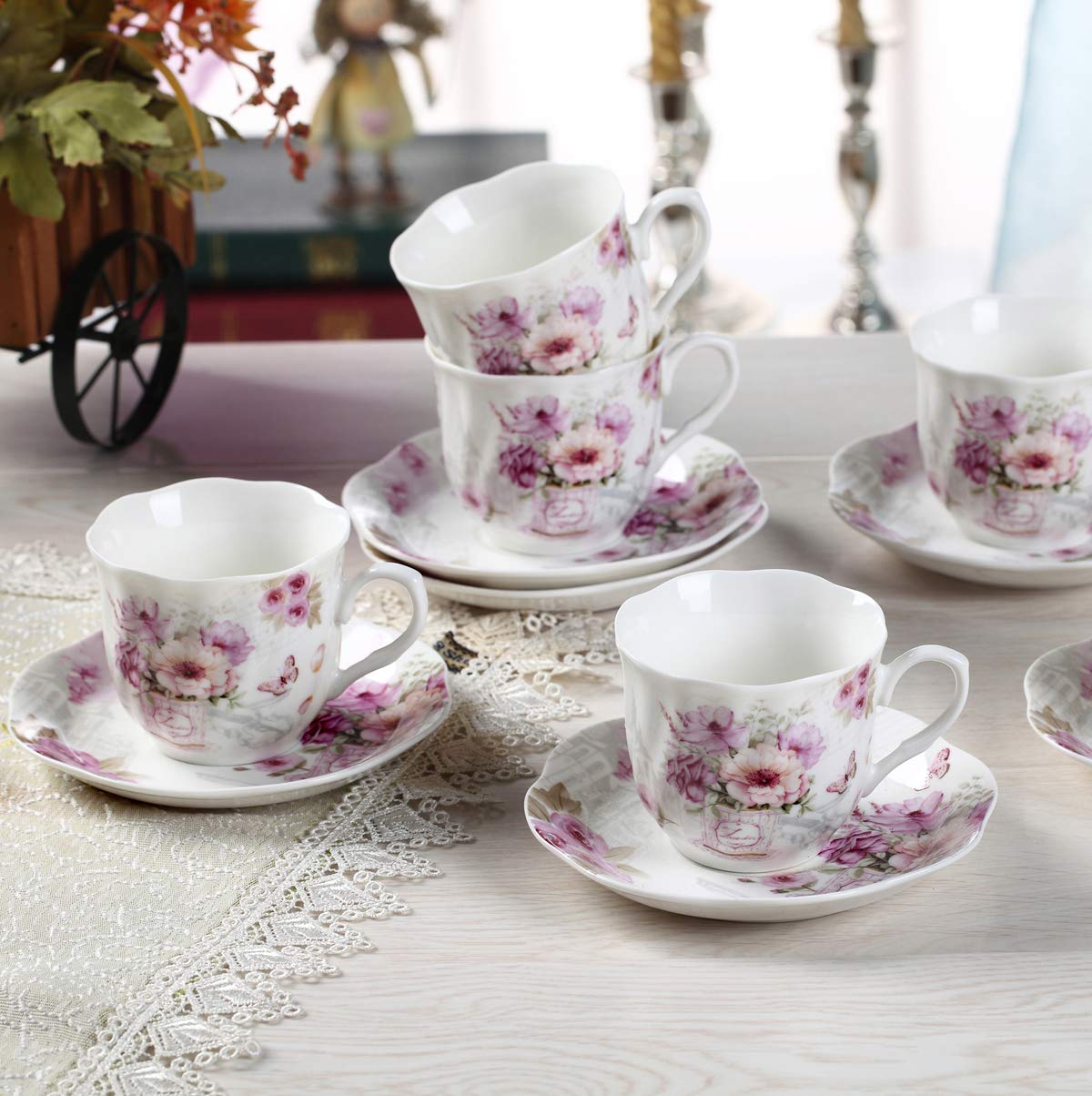 GuangYang 7 oz Porcelain Tea Cups and Saucers set of 6,Purple Fancy Floral Pattern (Perfect for