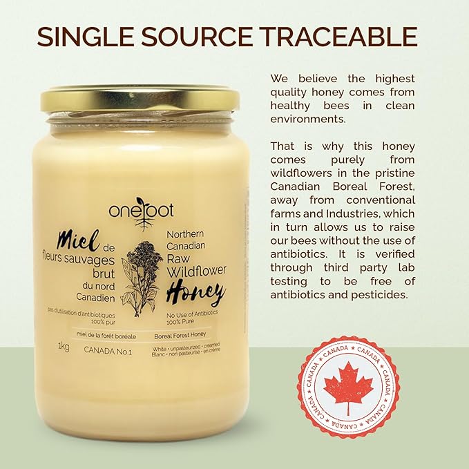 Oneroot 100% Canadian Flower Honey - 1kg / 2.2lbs, Honey Wildflower Unfiltered, Unheated & Creamed