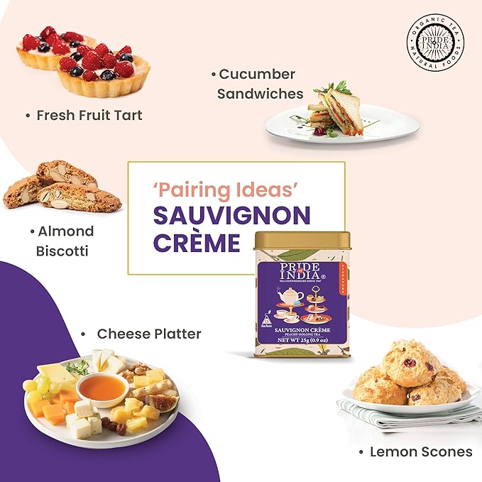 Pride of India | PACK of 6 - Sauvignon Crème Peachy Oolong Tea | 15 Pyramid Full Leaf Individually