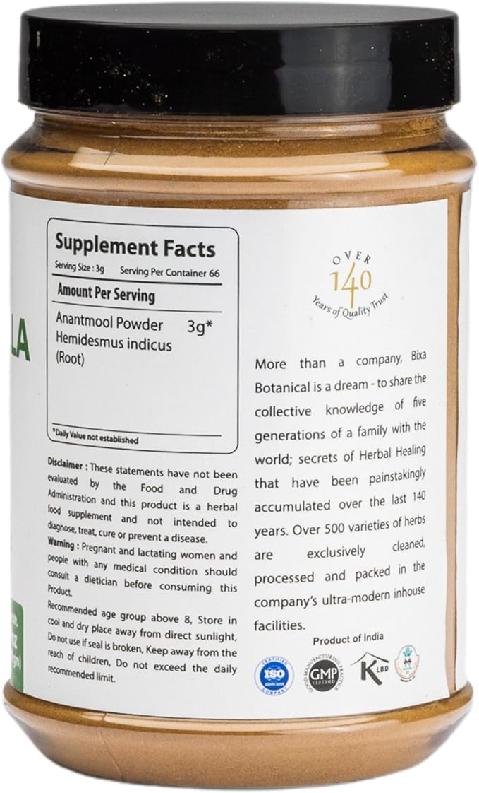 bixa BOTANICAL Sarsaparilla Root Powder | HEMIDESMUS INDICUS | Anantmool | 200 Grams / 7 OZ |