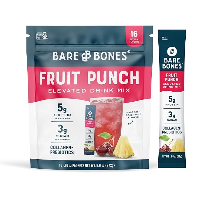 Bare Bones Fruit Punch Elevated Drink Mix | Collagen & Prebiotics | Gluten-Free & Naturally