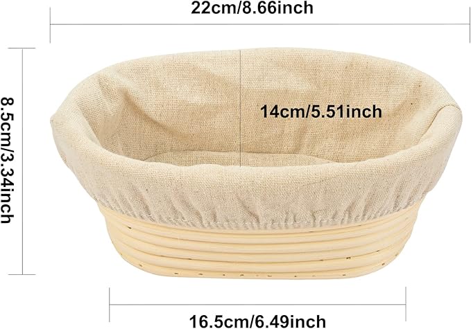 2 PCS 8 inch Oval Long Banneton Brotform Bread Dough Proofing Rising Rattan Basket & Liner for
