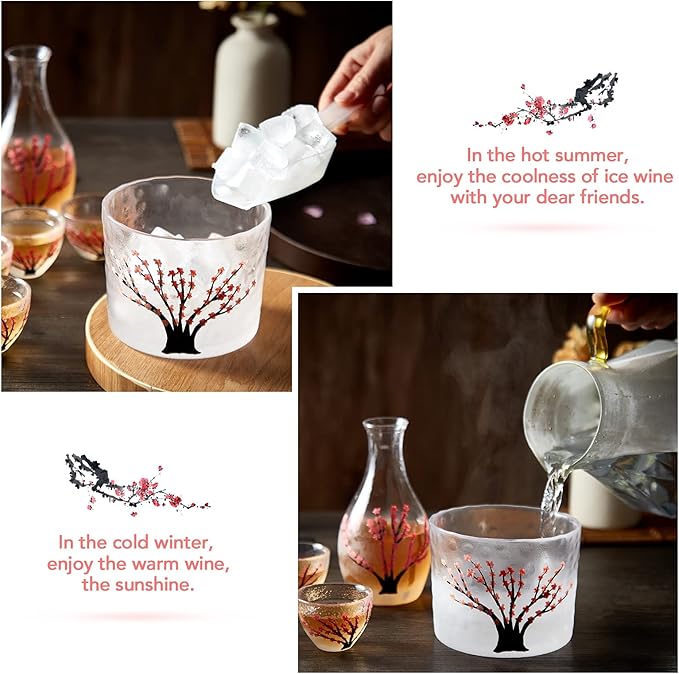 DUJUST Japanese Sake Set for 4, Handcraft Pink Cherry Blossoms Design, 1 Sake Bottle, 1 Sake Tank
