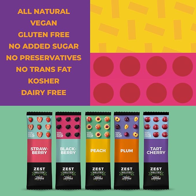 Fruit Snacks by Zest Delites, Fruit Leather Bars, Healthy Snacks for Adults & Kids, Vegan