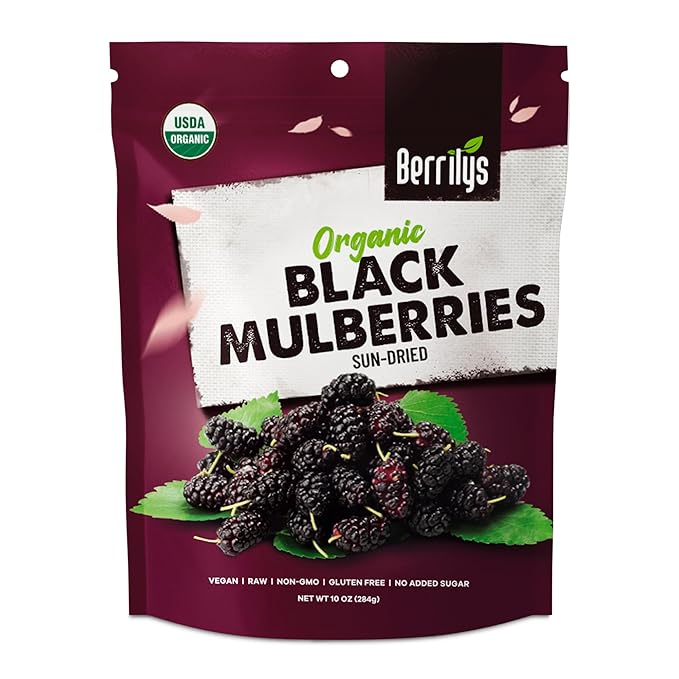 Berrilys Organic Dried Mulberries, Black, Dried Mulberry, Non-GMO, Unsulfured, Raw, 10 oz, Healthy