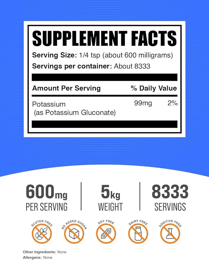 BulkSupplements.com Potassium Gluconate Powder - Potassium Supplement, Mineral Supplement - Gluten