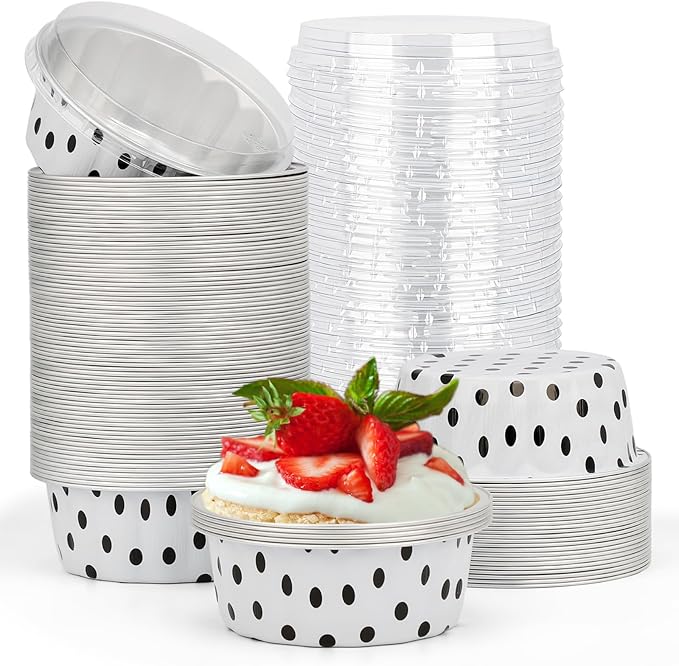 Beasea Disposable Ramekins with Lids, 8oz 100 Pack Black Dot in White Aluminum Foil Cups Disposable