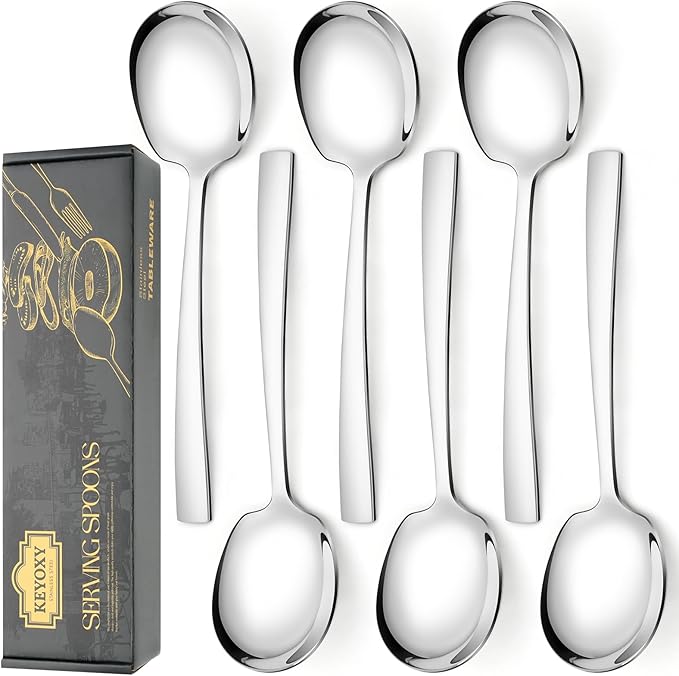 6 Piece Stainless Steel Serving Spoons Set - 6 Large Spoons, 9.2-Inch, Dishwasher Safe, for