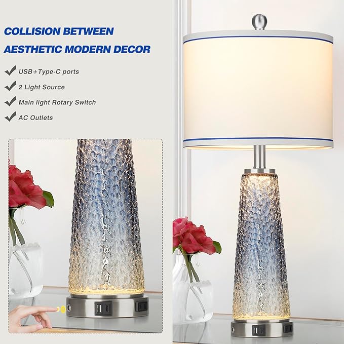 Coastal Glass Table Lamps for Living Room, 26" Table Lamps with USB A+C Ports & AC Outlet, Touch
