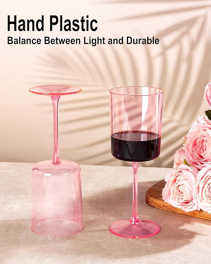 Ciaell 12 Pack Pink Plastic Wine Glasses - 10 Oz Disposable Wine Glasses with Stem for Parties &
