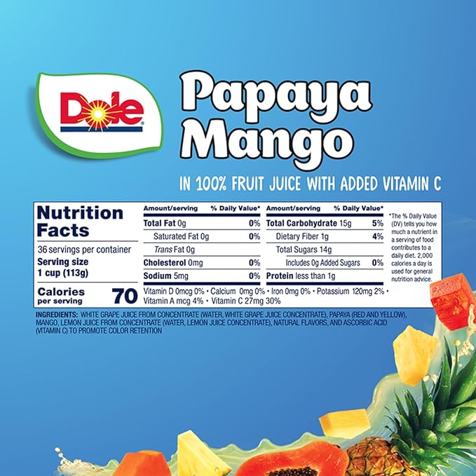 Dole Papaya Mango In 100% Fruit Juice Snacks, 4oz 36 Total Cups, Gluten & Dairy Free, Bulk Lunch