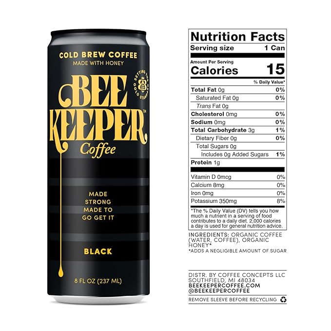 Beekeeper Coffee Black Cold Brew with Oregon Honey, 8 fl oz cans (Pack of 12), Ready-to-Drink