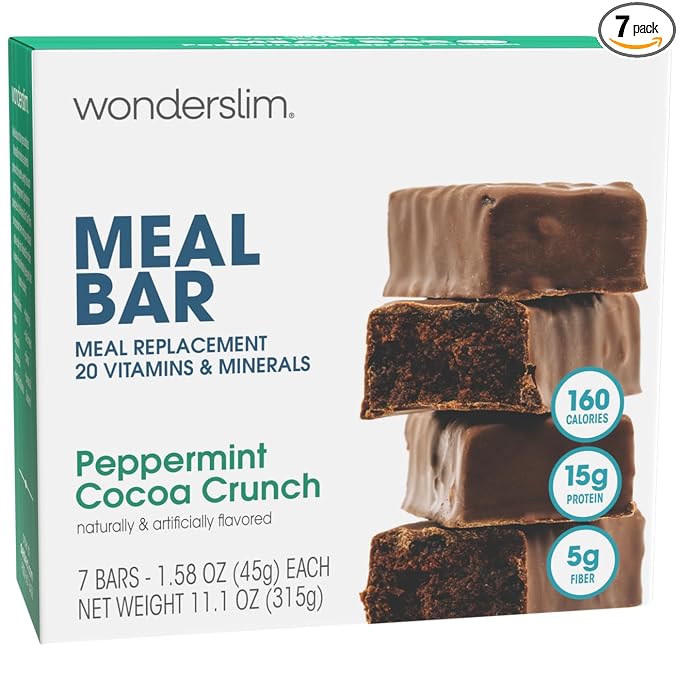 WonderSlim Meal Replacement Protein Bar, Peppermint Cocoa Crunch, 15g Protein, 20 Vitamins &