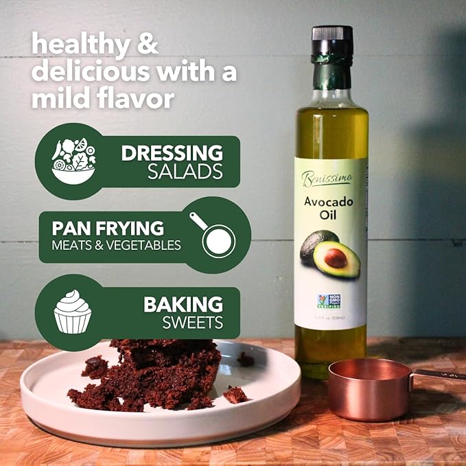 100% Pure Avocado Oil in Glass Bottle, Allergen-Free and Non-GMO, Premium Cold-Pressed Cooking Oil