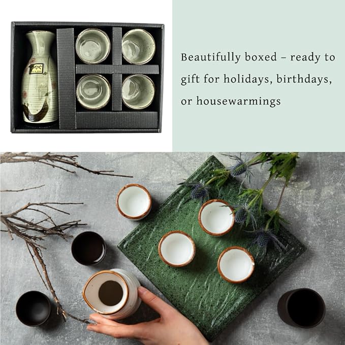 JapanBargain 3327, Japanese Plum Porcelain Sake Set Sake Carafe Bottle Sake Cups for Serving Hot