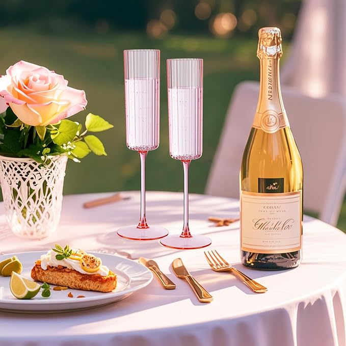 Ciaell 24 Pack Pink Plastic Champagne Flutes - 6oz Ribbed Disposable Champagne Glasses - Pink
