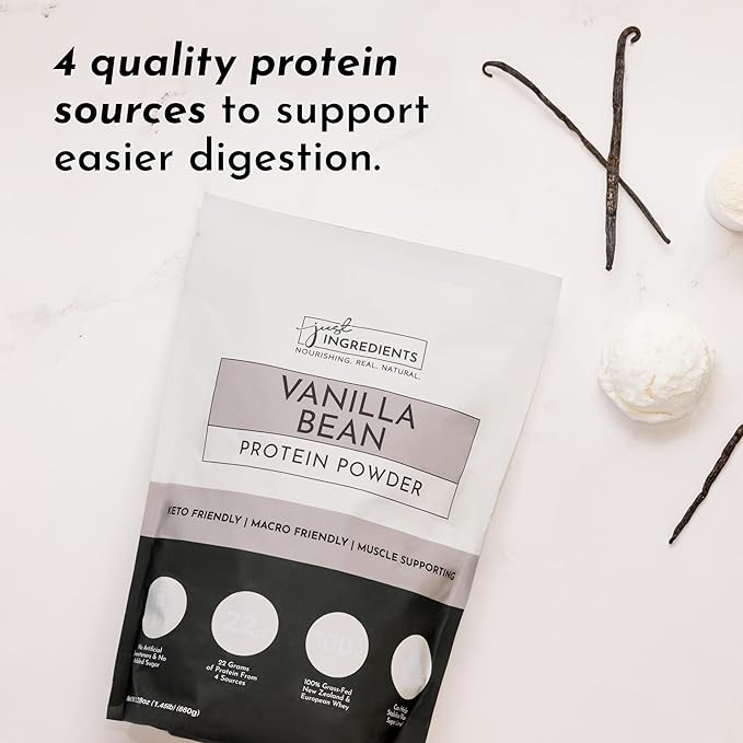 JUST INGREDIENTS Vanilla Bean Protein Powder ??20-Serving Blend with 100% Grass-Fed Whey & Organic