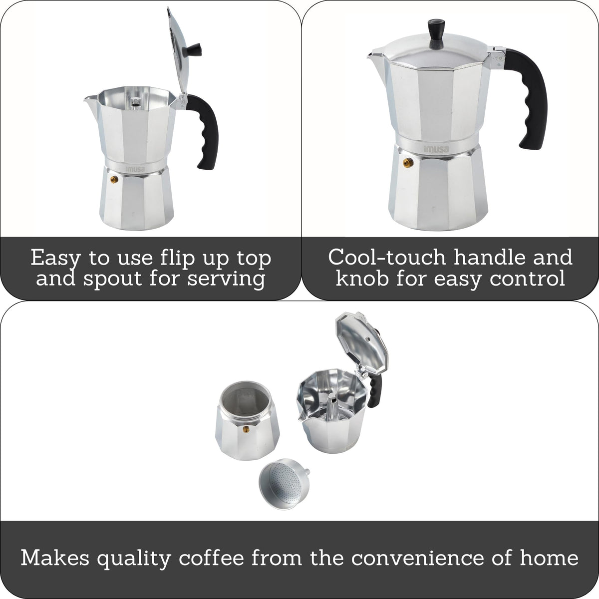 IMUSA 9 Cup Cast Aluminum Stovetop Coffee Maker with Cool-touch Handle