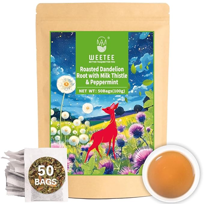 WT WEETEE Roasted Dandelion Root Tea with Milk Thistle and Peppermint, 50 Natural Caffeine-free