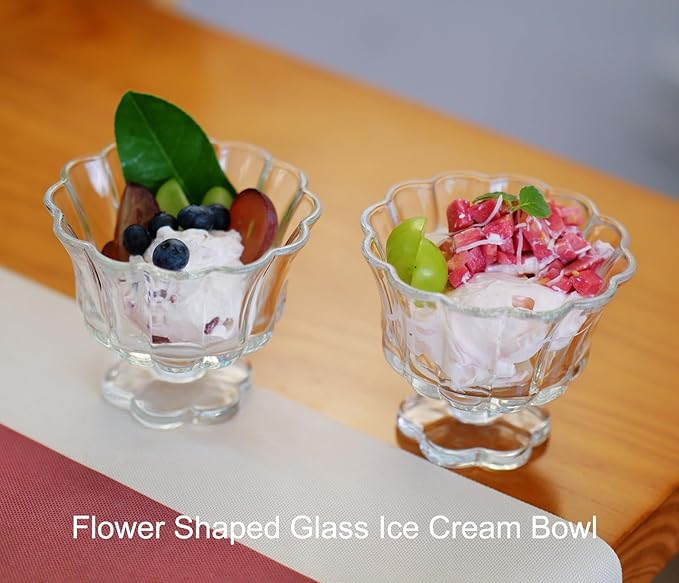 Ice Cream Bowls Drinking Glass Cups Set of 2 (Transparent), Flower Petal Style Glasses, 8.5oz