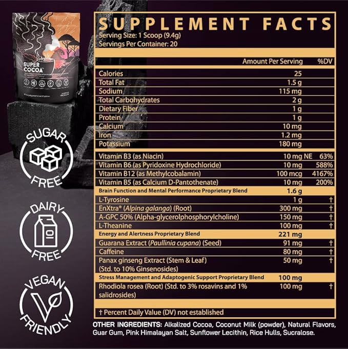Super Cocoa Coffee Alternative Hot Chocolate Mix - Nootropics Brain Support Supplement for Memory &